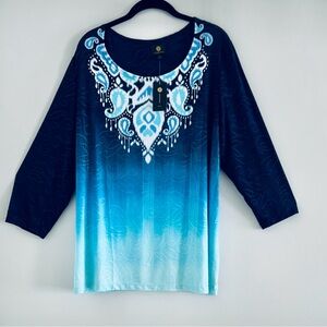 JM Collection Navy to Aqua Ombre Paisley Scoop Neck Tunic Size 2X
